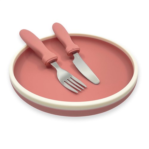 Smikkels - Piatto per bambini in silicone con posate - Rosa