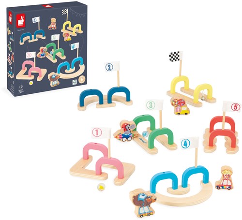 Janod pista di biglie Applepop - gioco di biglie in legno per bambini-2