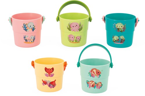 Janod giocattoli da bagno - secchielli colorati con cuccioli e numeri