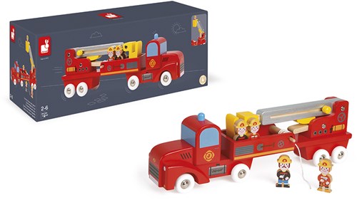 Janod Camion dei Pompieri - Veicolo giocattolo in legno con pompieri-3
