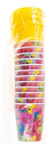 Bicchiere colorato con coperchio e cannuccia faccina sorridente - set 12 pezzi