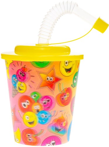 Bicchiere colorato con coperchio e cannuccia faccina sorridente - set 12 pezzi-2