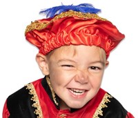 Berretto da Piet rosso in raso con piuma accessorio costume Sinterklaas