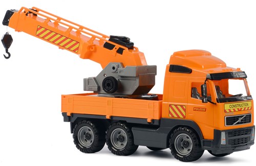 Camion gru Volvo giocattolo arancione plastica dettagli realistici