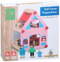 Casa delle bambole in legno giocattolo con accessori e bambole - 30 pezzi