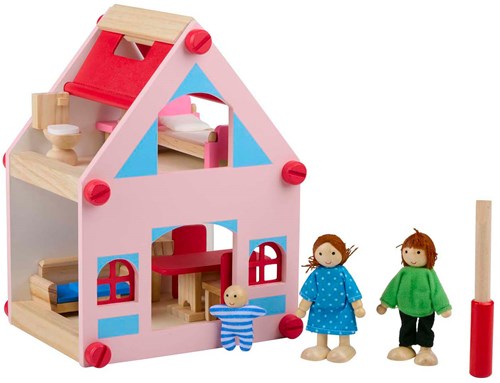 Casa delle bambole in legno giocattolo con accessori e bambole - 30 pezzi-2