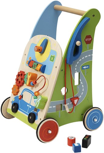 Johntoy carrello primi passi in legno con garage attività per bambini