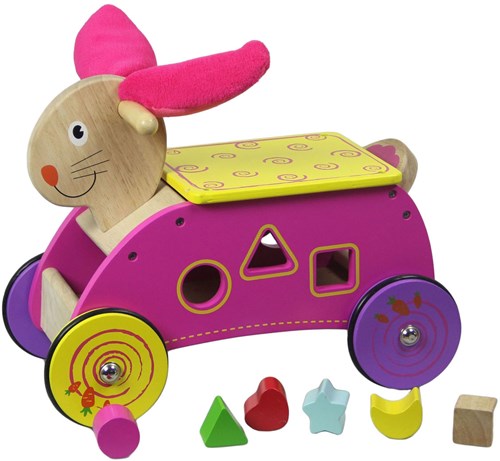 Johntoy carrello primi passi e forme in legno con coniglio rosa per bambini