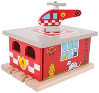 Bigjigs set treno in legno caserma dei pompieri con eliporto-2
