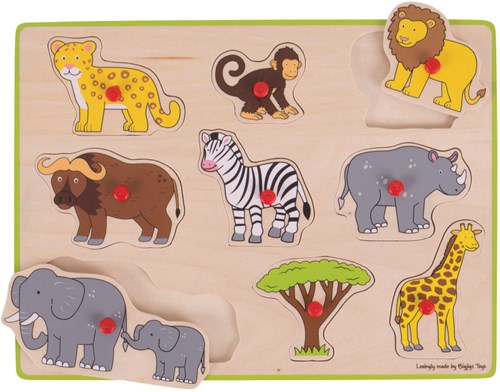 BigJigs puzzle in legno Safari - puzzle educativo con pomelli 9 pezzi-2