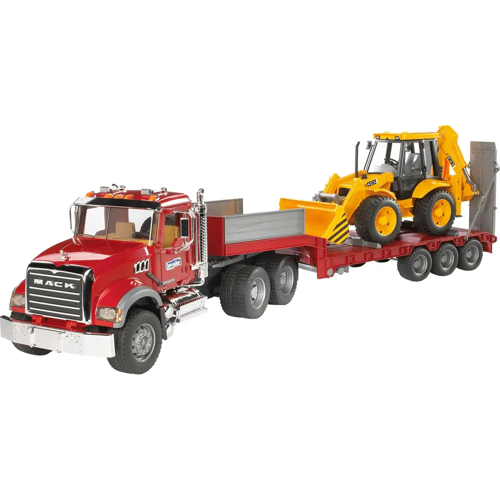 Bruder Mack Granite camion con rimorchio giocattolo da cantiere con escavatore