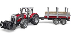 Bruder Massey Ferguson 7480 trattore giocattolo con rimorchio per trasporto legname