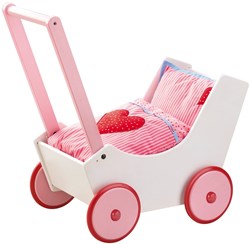 Haba carrozzina bambole legno cuori manico regolabile rosa