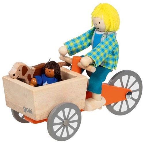 Goki bicicletta cargo in legno per casa delle bambole con bambino e cane - set gioco