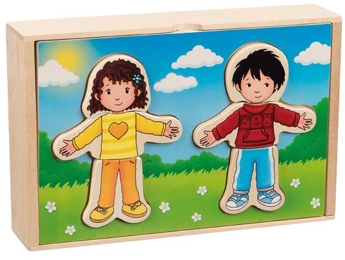 Goki puzzle in legno set travestimento bambino e bambina in scatola di legno 36 pezzi