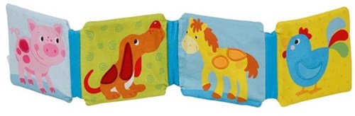 Goki libro sensoriale animali per bebè con sonaglio e squeaker - libro morbido