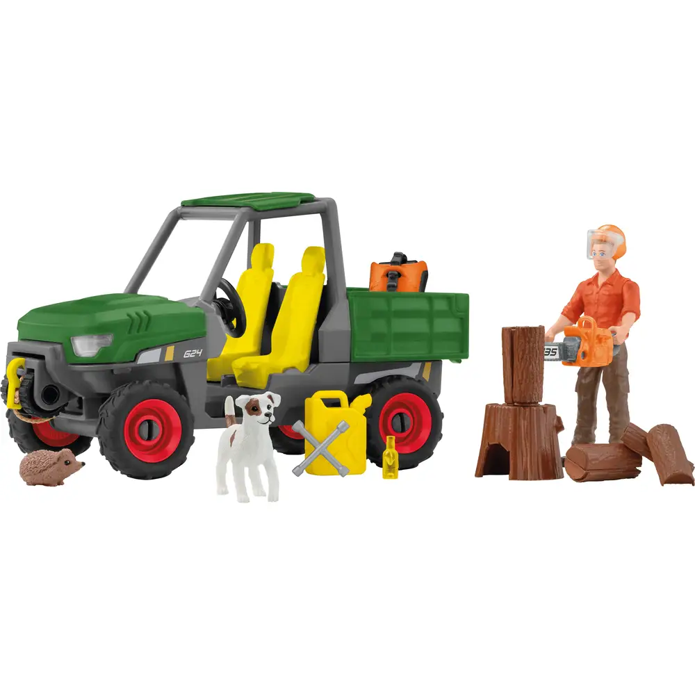 Schleich FARM WORLD set gioco boscaiolo con veicolo avventura nel bosco 42659
