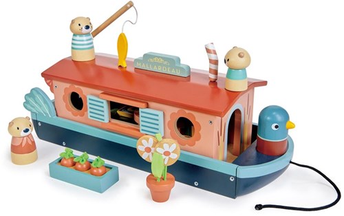 Tender Leaf barca-canale in legno con accessori e famiglia di lontre
