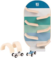 BS Toys pista per auto in legno - giocattolo educativo con 2 macchine e archi