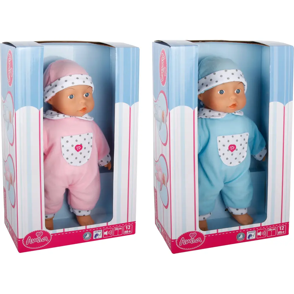 Bambola Amia con cappello, giocattolo interattivo, 28 cm, blu o rosa
