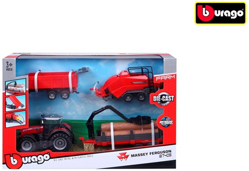 Bburago trattore giocattolo Massey Ferguson con 3 rimorchi a frizione
