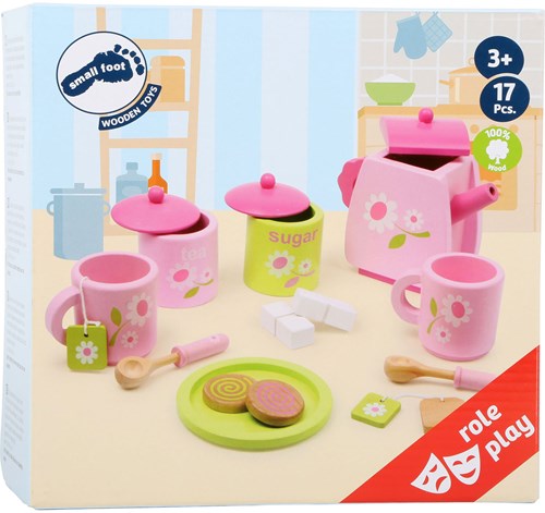 Small Foot set da tè in legno rosa verde 17 pezzi per bambini