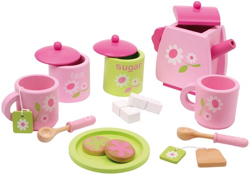 Small Foot set da tè in legno rosa verde 17 pezzi per bambini-2
