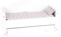 Small Foot - Letto per bambole in legno con cassetto e biancheria, giocattolo bianco-2