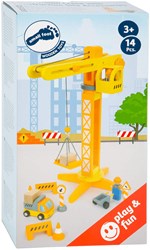 Small Foot - Gru giocattolo da cantiere in legno con accessori, 14 pezzi