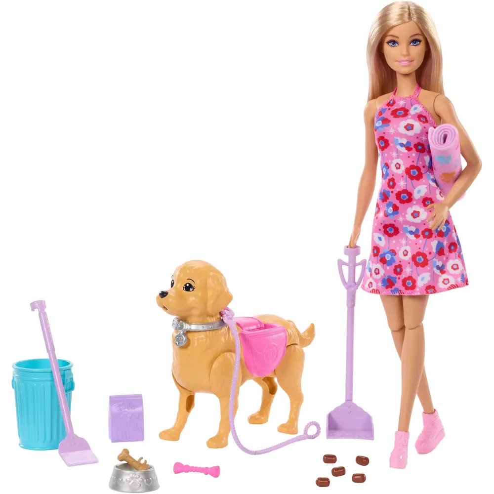 Barbie bambola set passeggiata con cane con accessori e cucciolo
