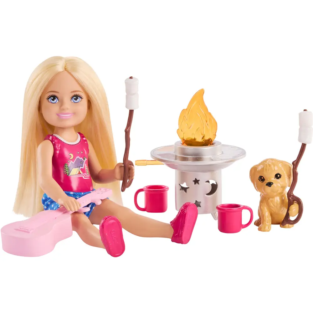 Bambola Barbie Chelsea Avventura all'Aperto con cane e accessori da campeggio