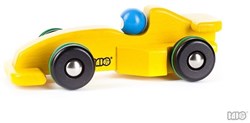 Bajo auto da corsa Formula 1 in legno - giocattolo giallo sostenibile