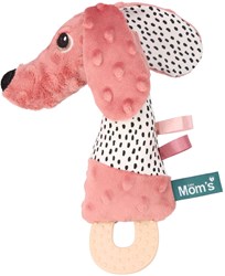 Mom's Care giocattolo dentizione per bambini cane Jami rosa con sonaglio ed etichette