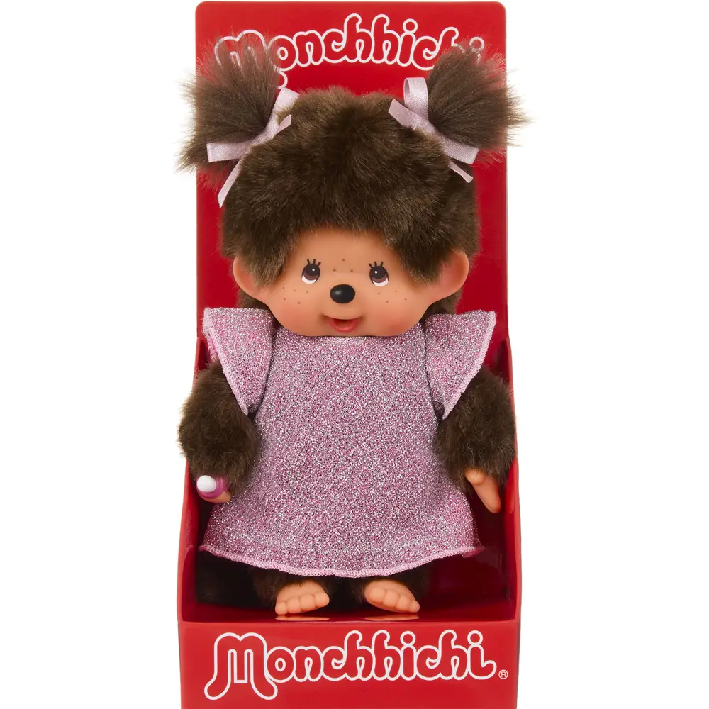 Bambola Monchhichi ragazza vestito rosa glitter 20 cm peluche giocattolo