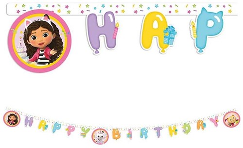 Striscione Happy Birthday Gabby's Dollhouse compleanno cartone rosa-3