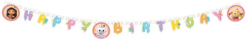 Striscione Happy Birthday Gabby's Dollhouse compleanno cartone rosa-2