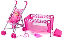Letto per bambole, passeggino, bambola con accessori. 91857