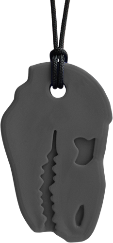 ARK Therapeutic collana da masticare Dino-Bite gioco sensoriale grigio XXT Stevige, brede kauwketting in T-Rex-vorm, geliefd bij dinofans, voor kinderen en volwassenen.