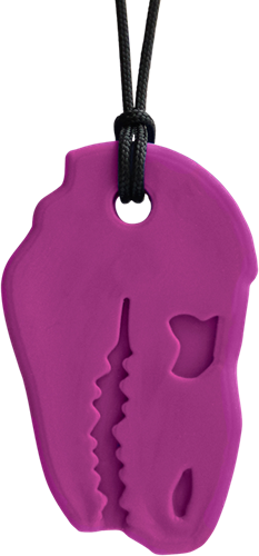 ARK Therapeutic collana da mordere dinosauro giocattolo sensoriale magenta Stevige, brede kauwketting in T-Rex-vorm, geliefd bij dinofans, voor kinderen en volwassenen.