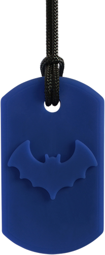 ARK Therapeutic collana da mordere Bat Bite blu scuro giocattolo sensoriale Kauwketting met vleermuismotief voor stevige kauwers die sensorische steun zoeken.