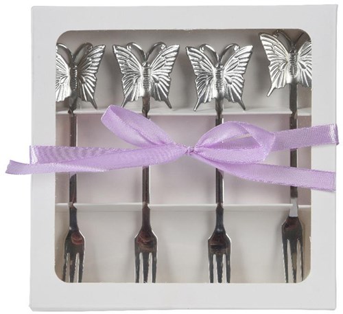 Decoris set forchette da dolce acciaio inox 4 pezzi argento con dettagli farfalla