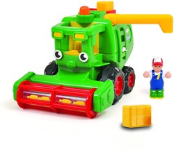 WOW Toys veicolo giocattolo mietitrebbia verde con contadino e balle di fieno