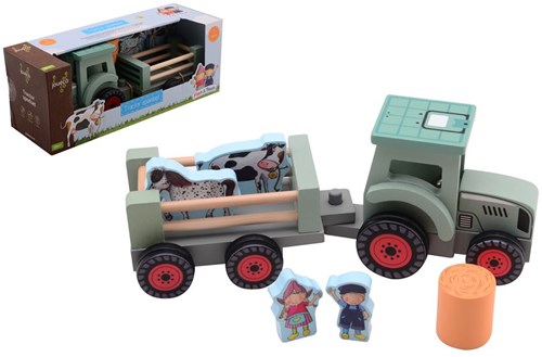 Johntoy trattore in legno giocattolo fattoria con accessori Fien & Teun