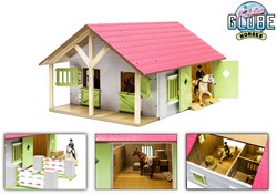 Stalla giocattolo in legno rosa con 2 box e deposito - Scala 1:24