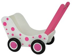 Van Dijk Toys passeggino per bambole in legno bianco e pois rosa