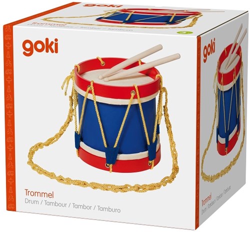 Goki tamburo in legno giocattolo musicale con bacchette - blu rosso-3