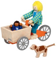 Goki bicicletta cargo in legno per casa delle bambole con bambino e cane - set gioco-3