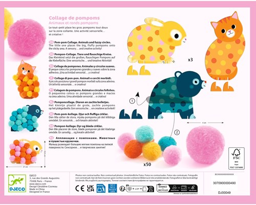Djeco LES PETITS - COLLAGES Collage de pompoms - Animaux et ronds pompoms - FSC MIX
