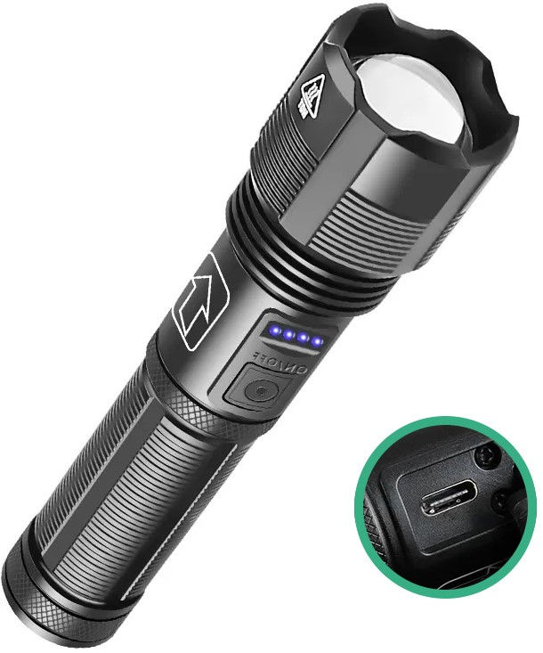 Torcia LED luminosa - 5 modalità - Ricaricabile via USB - Include una  batteria ricaricabile - Batteria AAA di riserva - Funzione zoom