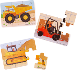 BigJigs puzzle in legno veicoli da cantiere - 6 pezzi - 3 puzzle